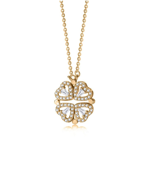 Collana Quadrifoglio apribile in argento 925 placata oro dettaglio dei zirconi e della chiusura magnetica